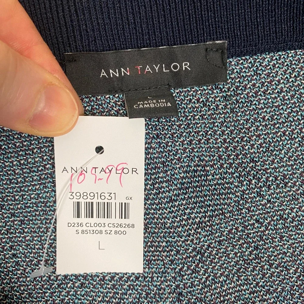 Ann Taylor Floral Jacquard Knit Sweater Skirt 2 Piece Set Womens L Navy NEW